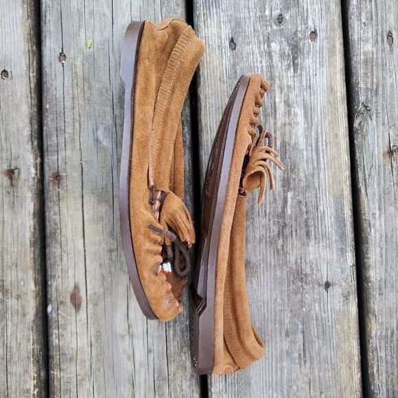 Vintage 70s Western Boho NativeMoccasins Beaded Thunderbird Suede Leather Fringe - Picture 5 of 6